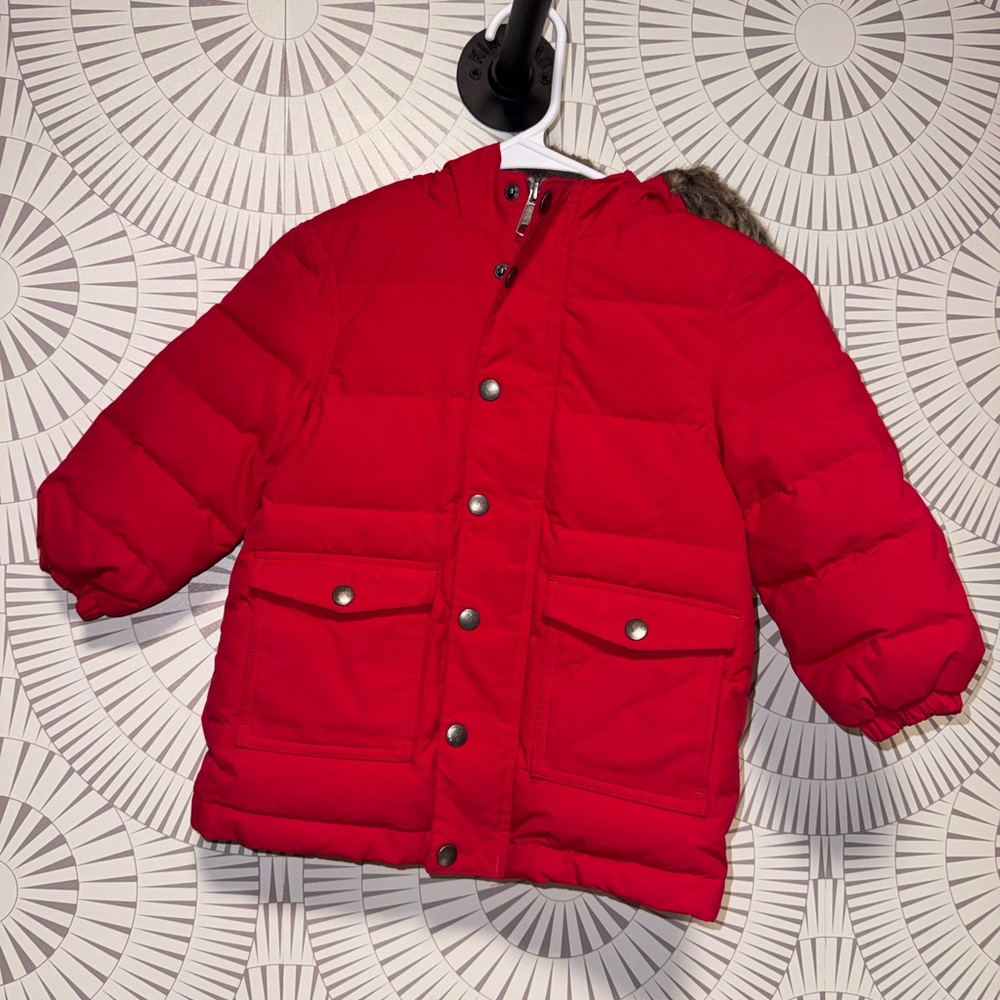 Hanna Andersson Red‎ Down Puffer Coat Fur Trim Hood size 4